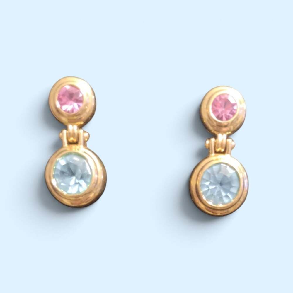 Vintage Gold Tone Pink and Blue Crystal Drop Earrings